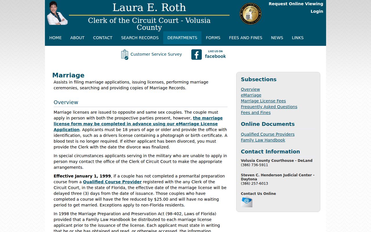 Volusia Clerk marriage records page for a Deltona resident lookup
