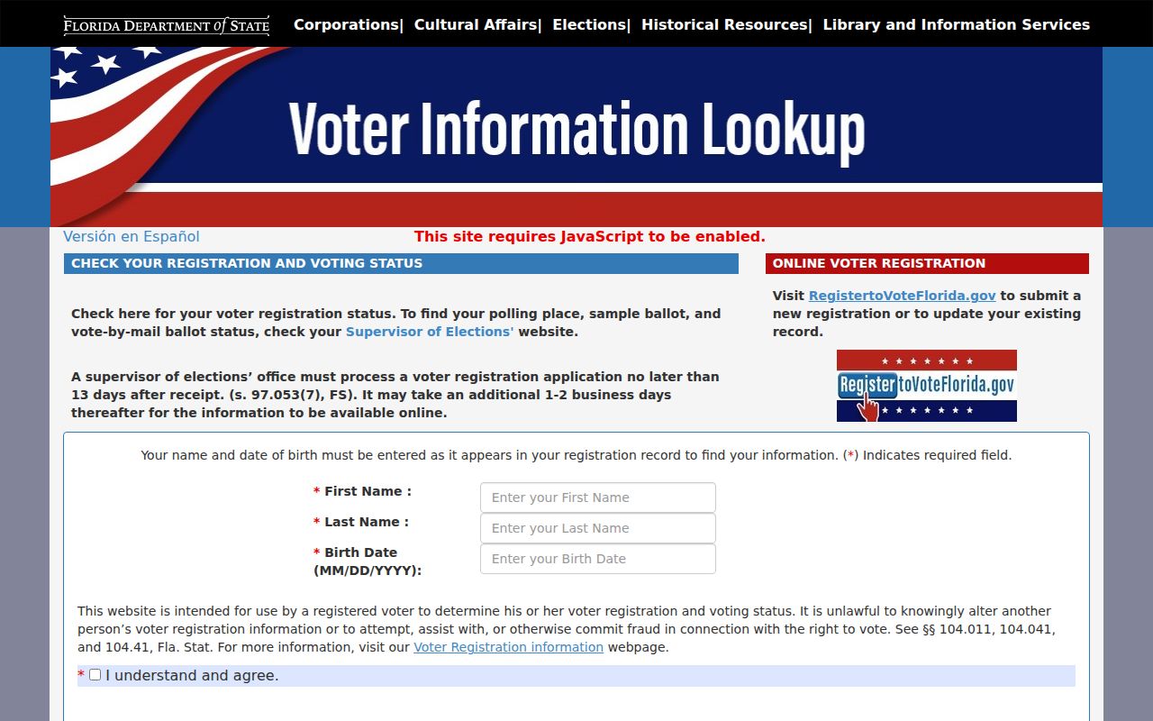 Florida voter status screen used alongside Deltona ZIP research